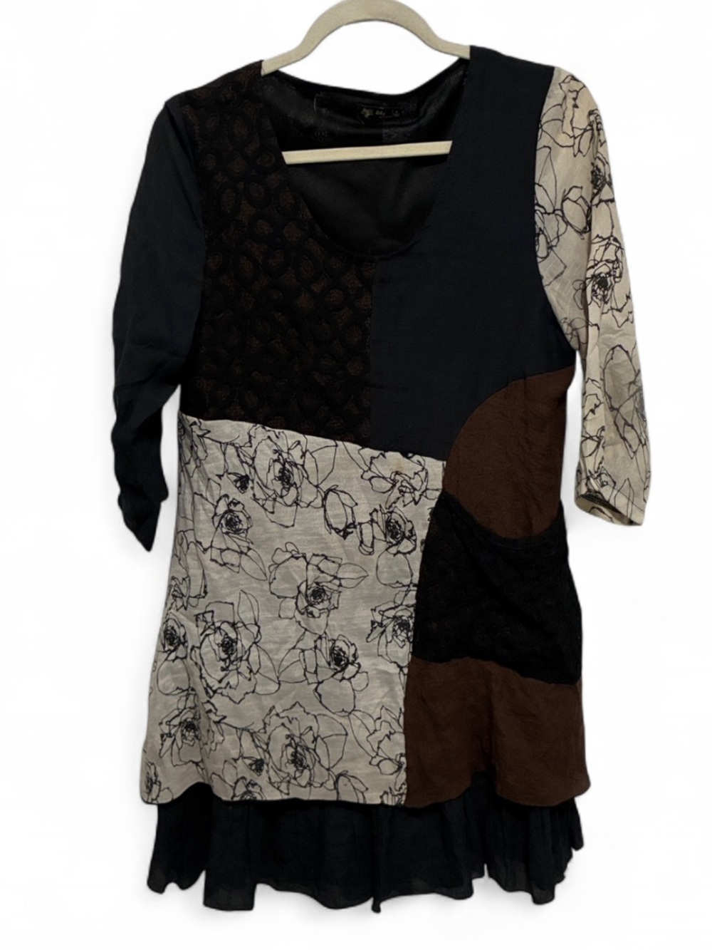 Lily Patchwork Boho Floral Mix Mini Dress in Black, Cream & Brown